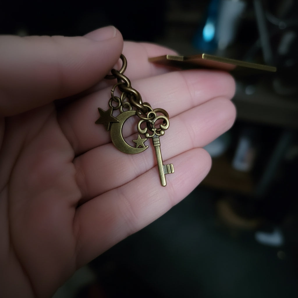 Hand holding a brass key-shaped pendant with a moon and star design.