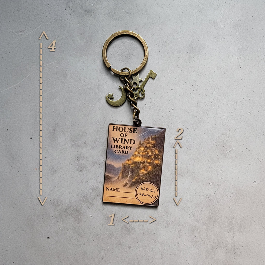 Keychain with a design resembling a library card on a gray surface with measurement indicators.