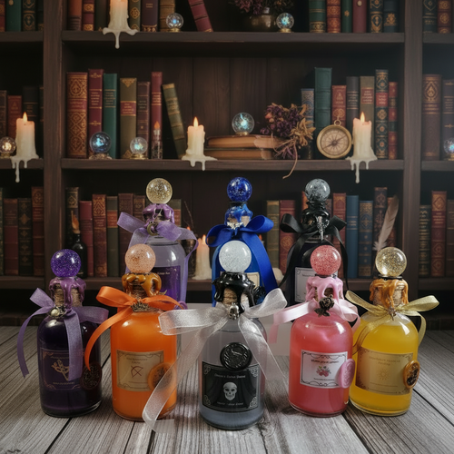fantasy-inspired potion bottle displayed in fantasy decor with colored glass, wax seal and apothecary styling