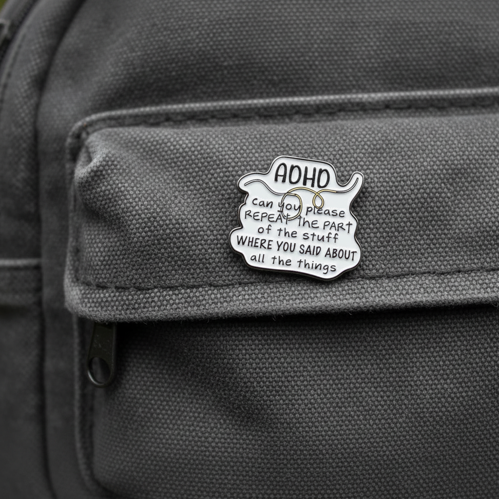ADHD enamel pin on backpack funny meme accessory for customizing bags and school gear