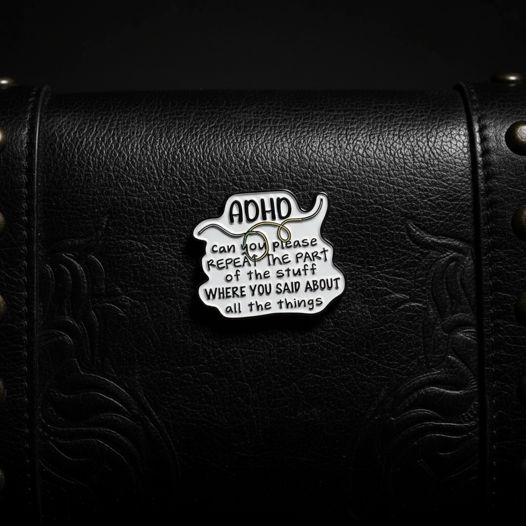 ADHD pin attached to purse funny meme brooch accessory for bags and personal style
