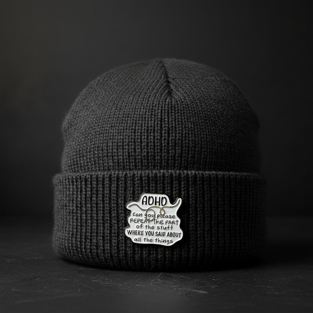 ADHD enamel pin worn on beanie hat alternative enamel pin for casual outfits and street wear