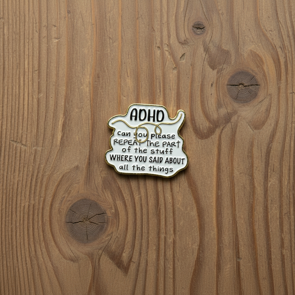 ADHD enamel pin on wood background mental health enamel pin with string detail