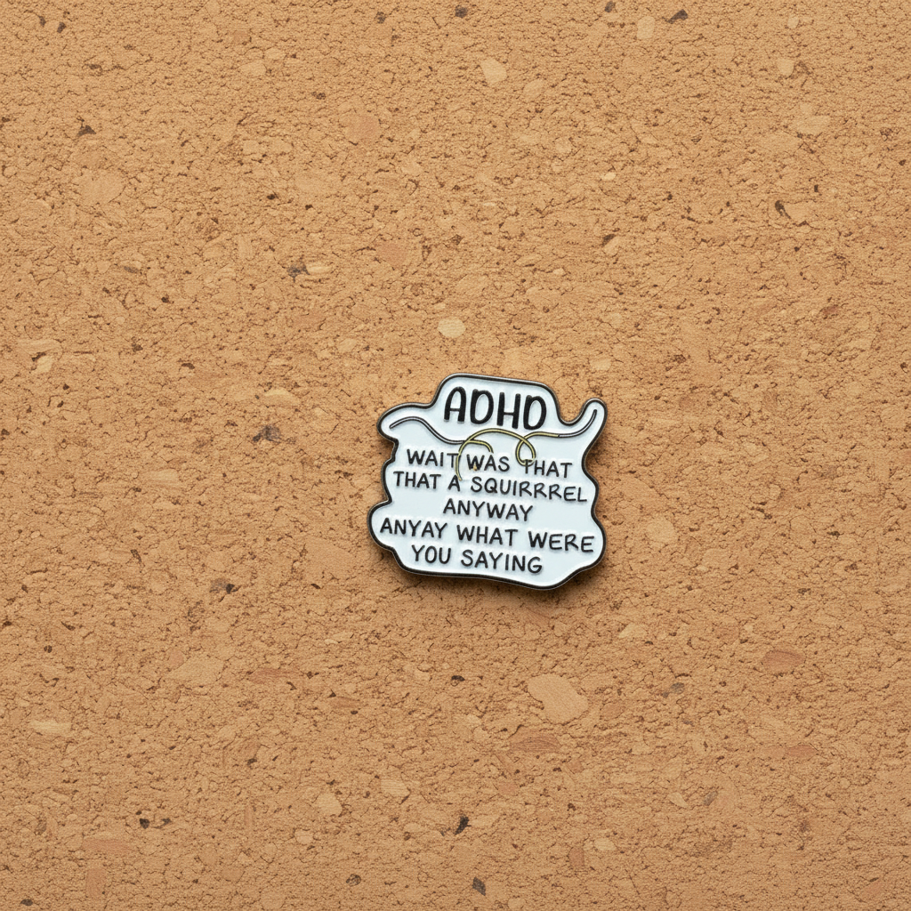 ADHD enamel pin displayed on cork board nuero divergent enamel pin for collectors and display