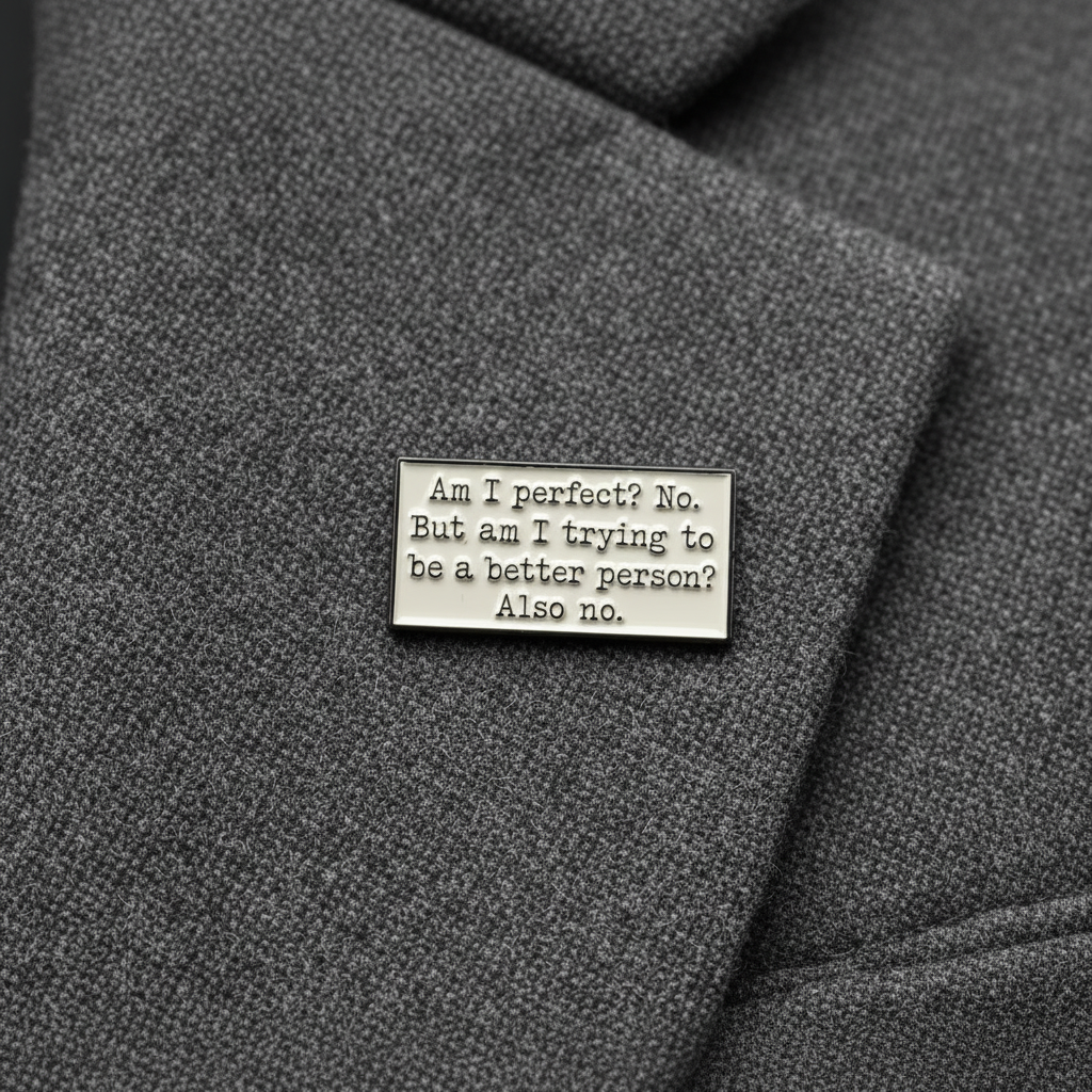 Am I perfect enamel pin worn on jacket lapel, sarcastic pin style for everyday wear