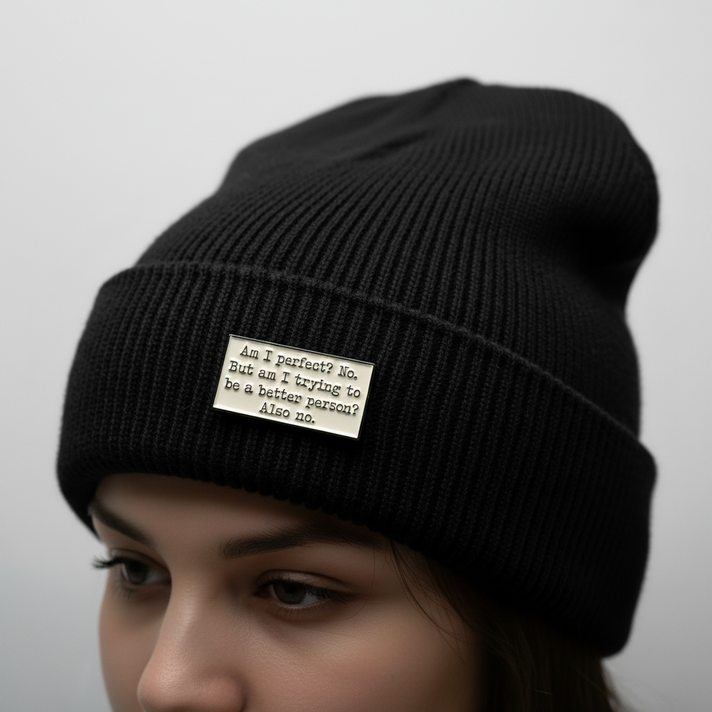 Am I perfect enamel pin worn on beanie hat altermative enamel pin for casual outfits and street wear