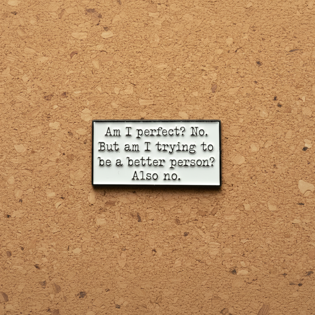 Am I perfect enamel pin displayed on cork board funny enamel pin for collectors and display