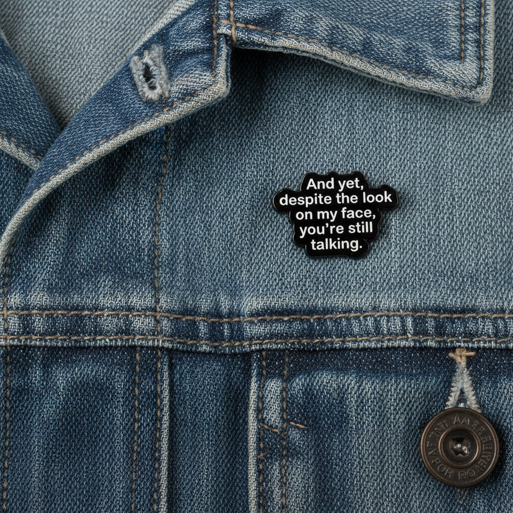 And yet despite the look on my face enamel pin worn on denim jacket lapel, sarcastic pin style for everyday wear