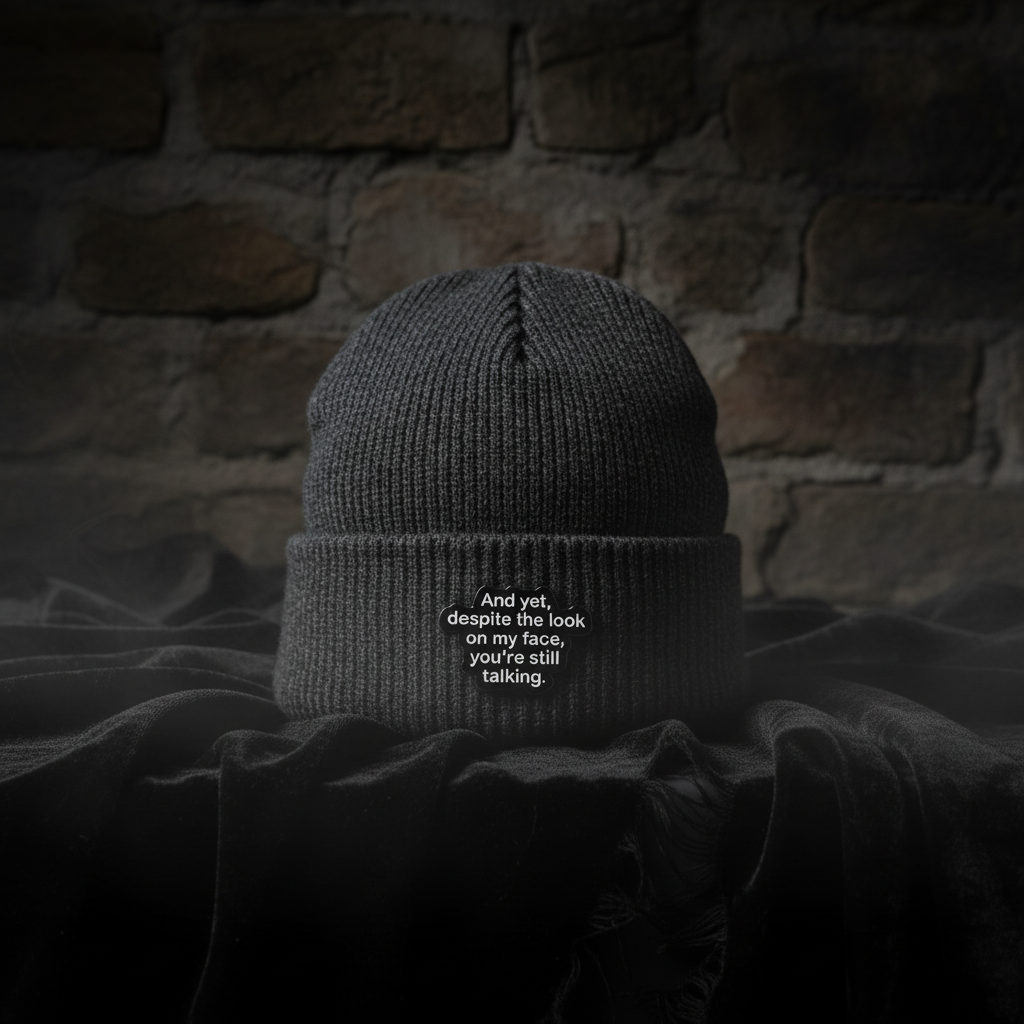 And despite the look on my face enamel pin worn on beanie hat alternative enamel pin for casual outfits and street wear