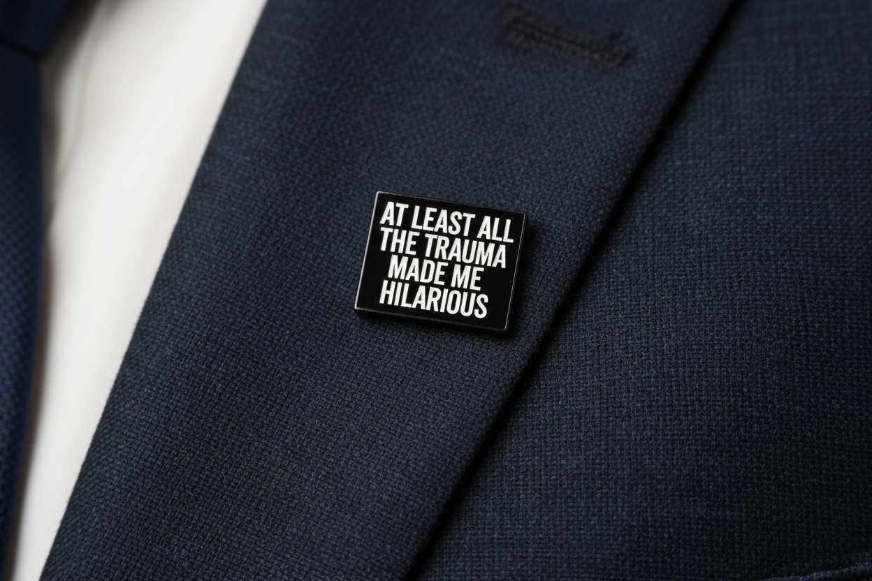 Small black book with white text on a navy fabric background