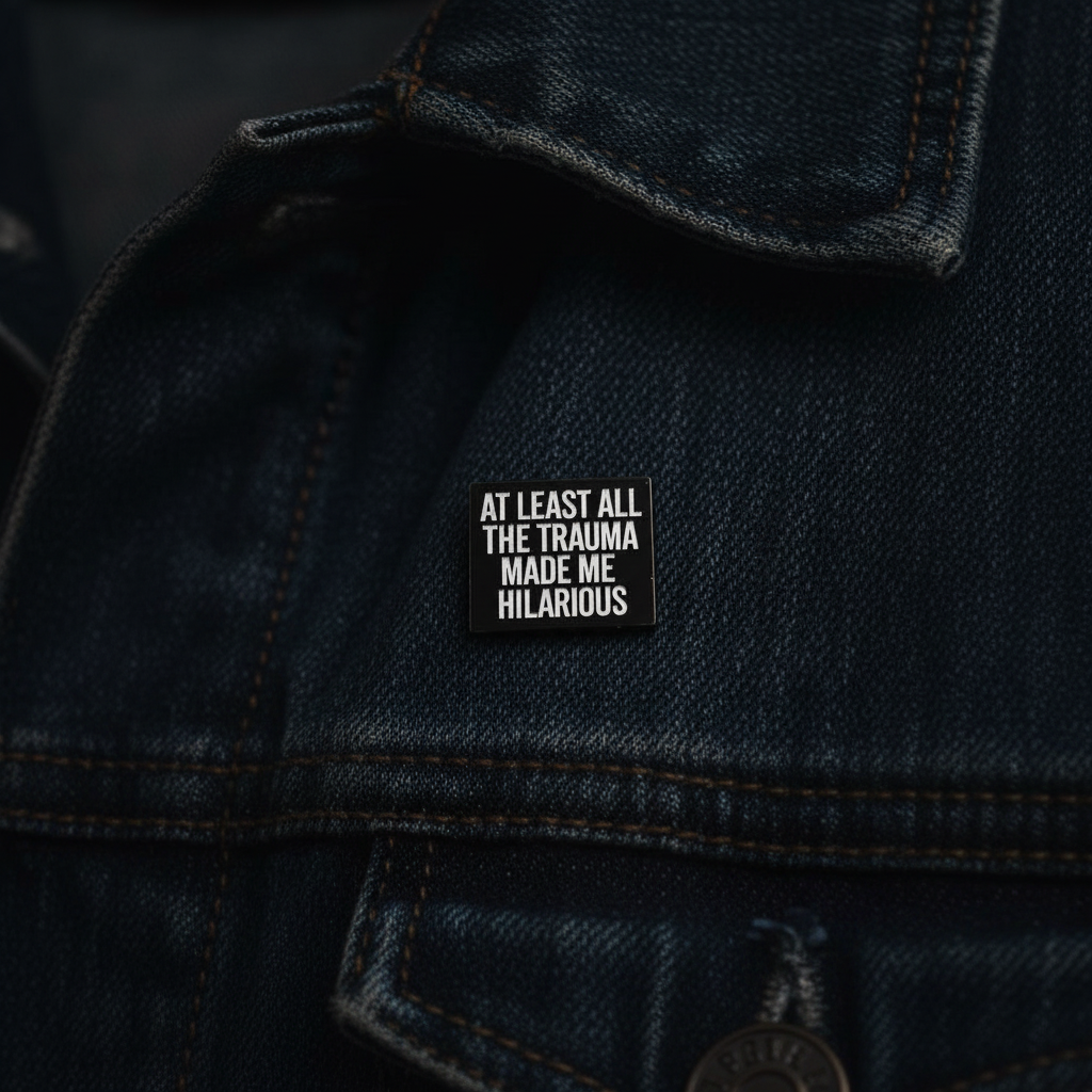 At least all this trauma made me hilarious enamel pin worn on denim jacket lapel, mental health pin style for everyday wear