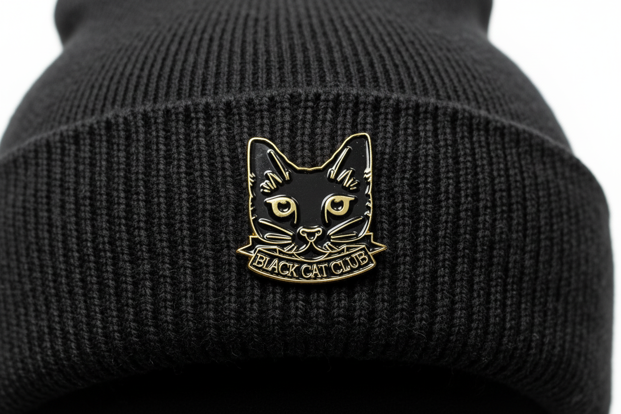 Black Cat Club Enamel Pin worn on beanie hat alternative enamel pin for casual outfits and street wear