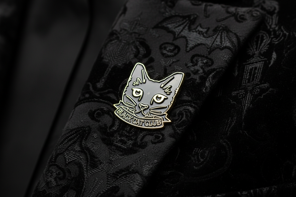 Black Cat Club Enamel Pin worn on jacket lapel, cue pin style for everyday wear