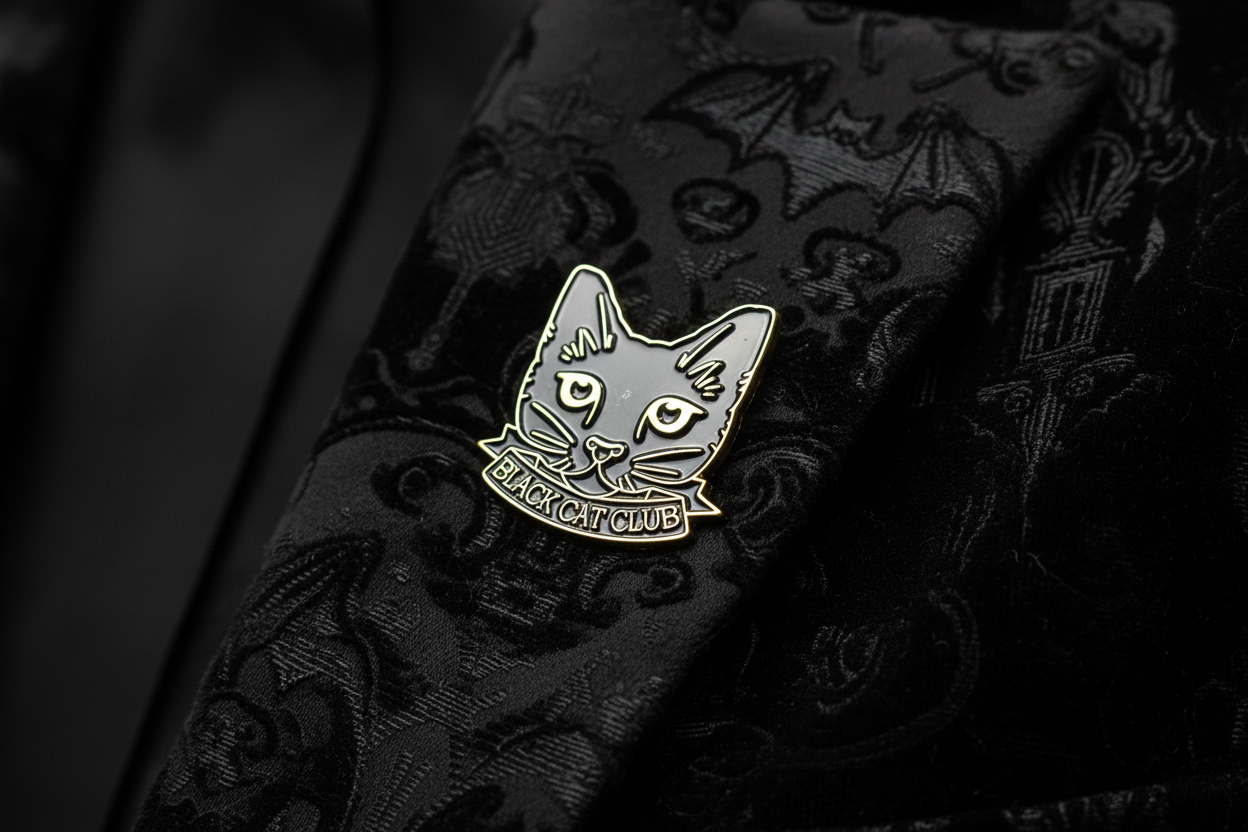 Black Cat Club Enamel Pin worn on jacket lapel, cue pin style for everyday wear