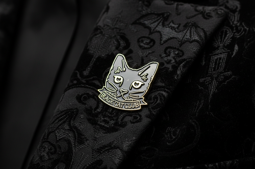 Black Cat Club Enamel Pin worn on jacket lapel, cue pin style for everyday wear