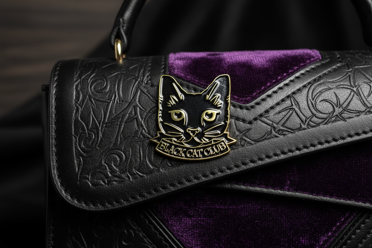 Black Cat Club Enamel Pin attached to purse gothic brooch accessory for bags and personal style