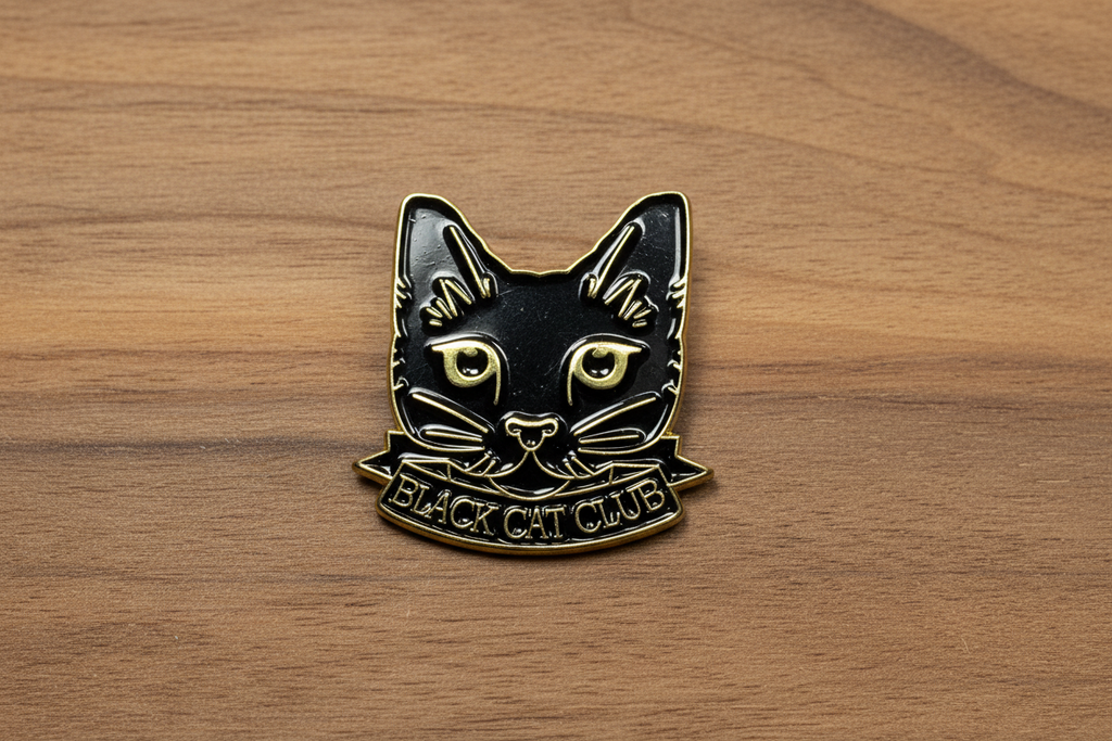 Black Cat Club Enamel Pin on wood background spooky enamel pin with black cat detail