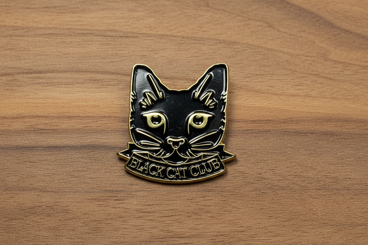 Black Cat Club Enamel Pin on wood background spooky enamel pin with black cat detail