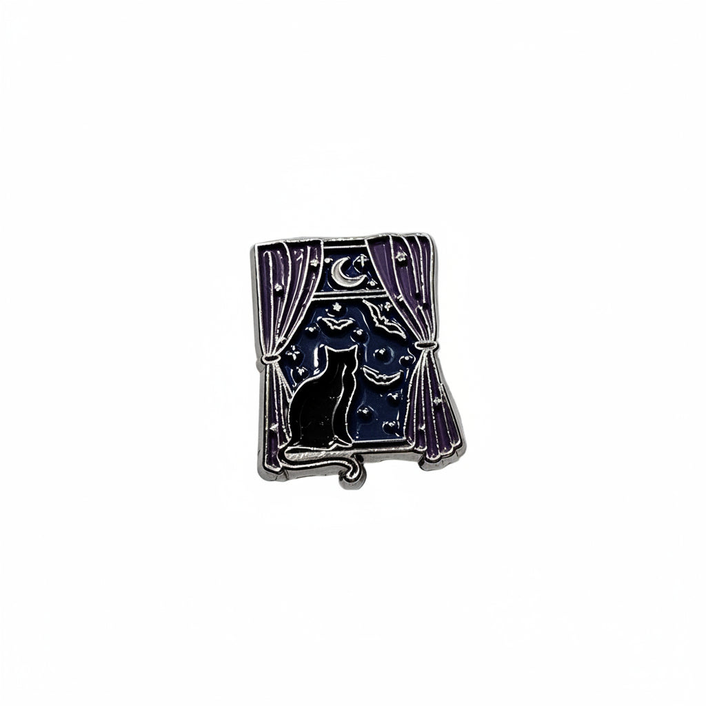 Black Cat Stary Night Enamel Pin featuring a cat sitting in a window, witchy style gift for jackets and bags 