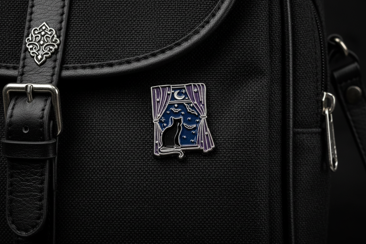 Black Cat Stary Night Enamel Pin on backpack cute accessory for customizing bags and school gear