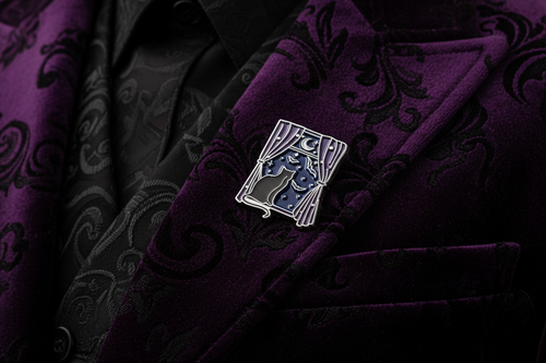 Black Cat Stary Night Enamel Pin worn on jacket lapel, Gothic pin style for everyday wear