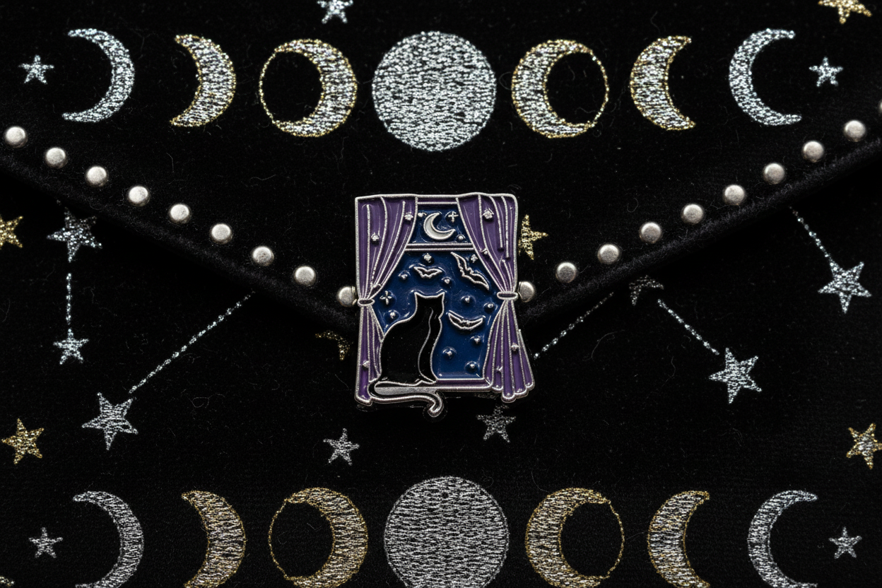 Black Cat Stary Night Enamel Pin attached to purse witch brooch accessory for bags and personal style