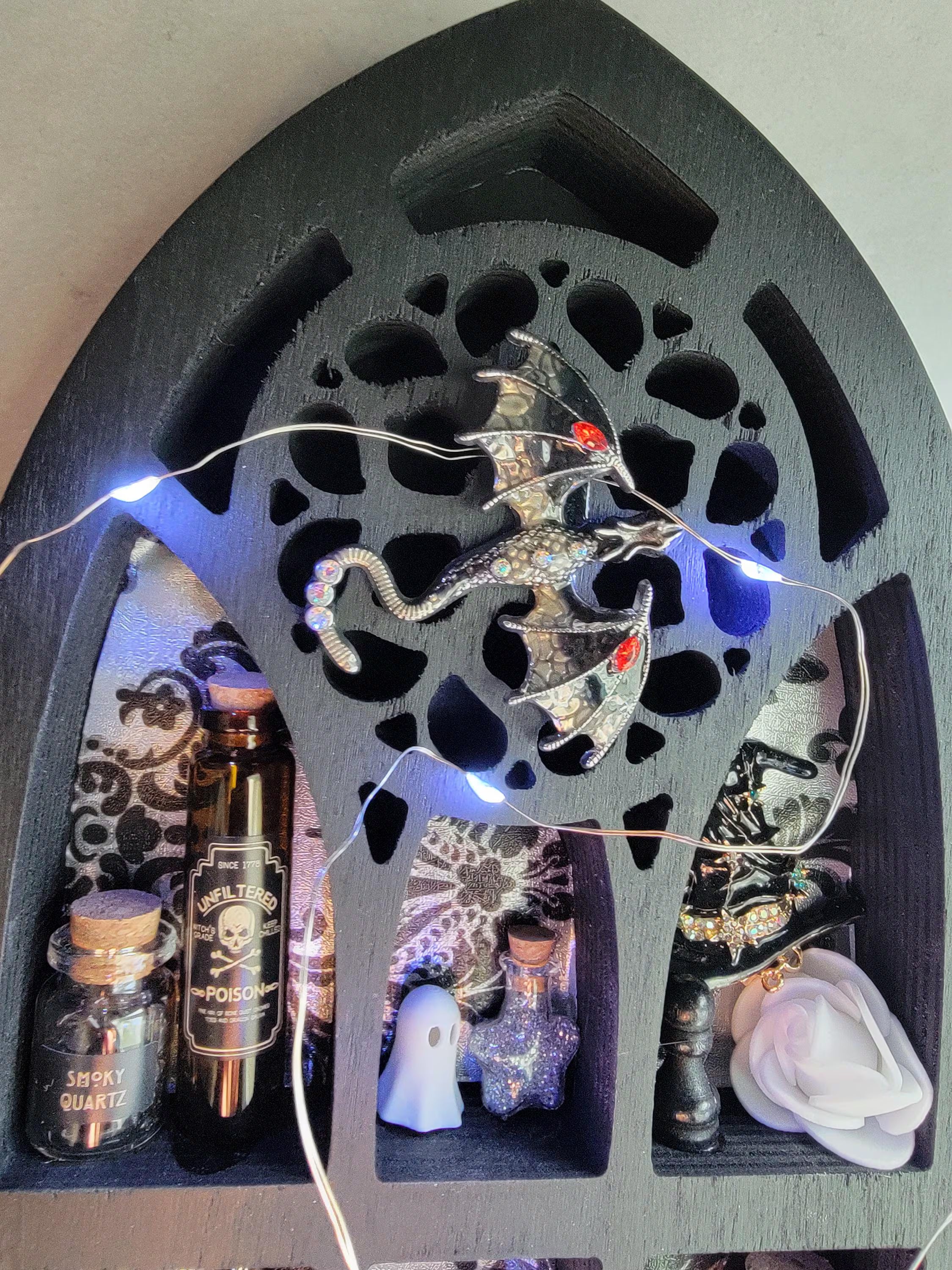 Black Arched Window Witch Shelf with LED Lights - Gothic Cabinet of Curiosities - Miniature Wall Decor