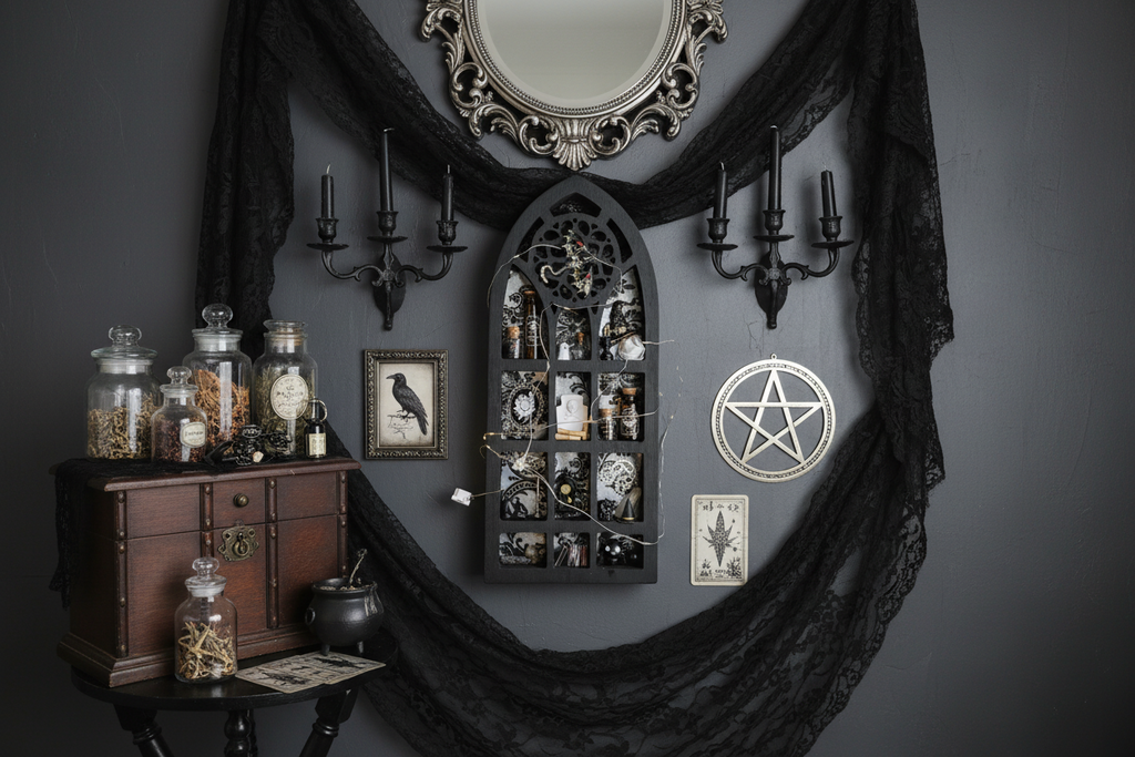 Black Arched Window Witch Shelf with LED Lights - Gothic Cabinet of Curiosities - Miniature Wall Decor