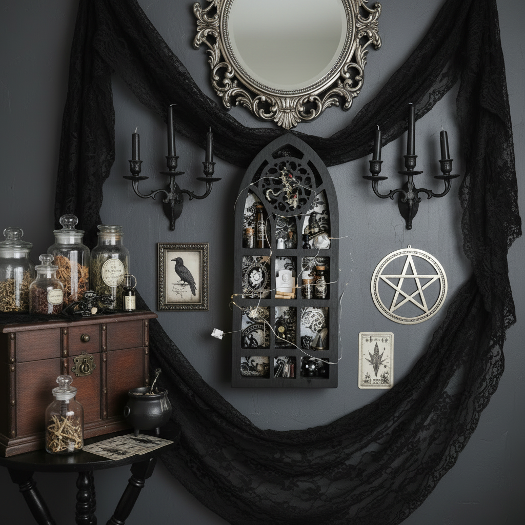 Dark cottage core witch shelf displayed in a cozy room setting with miniature apothecary decor, fairy tale accents, and warm Gothic aesthetic