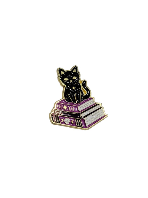 Black cat on a purple book enamel pin witchy gift for jackets and bags pin 