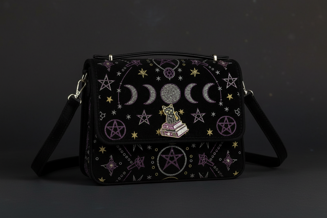 Black cat on book enamel pin backpack occult accessory for customizing bags and school gear