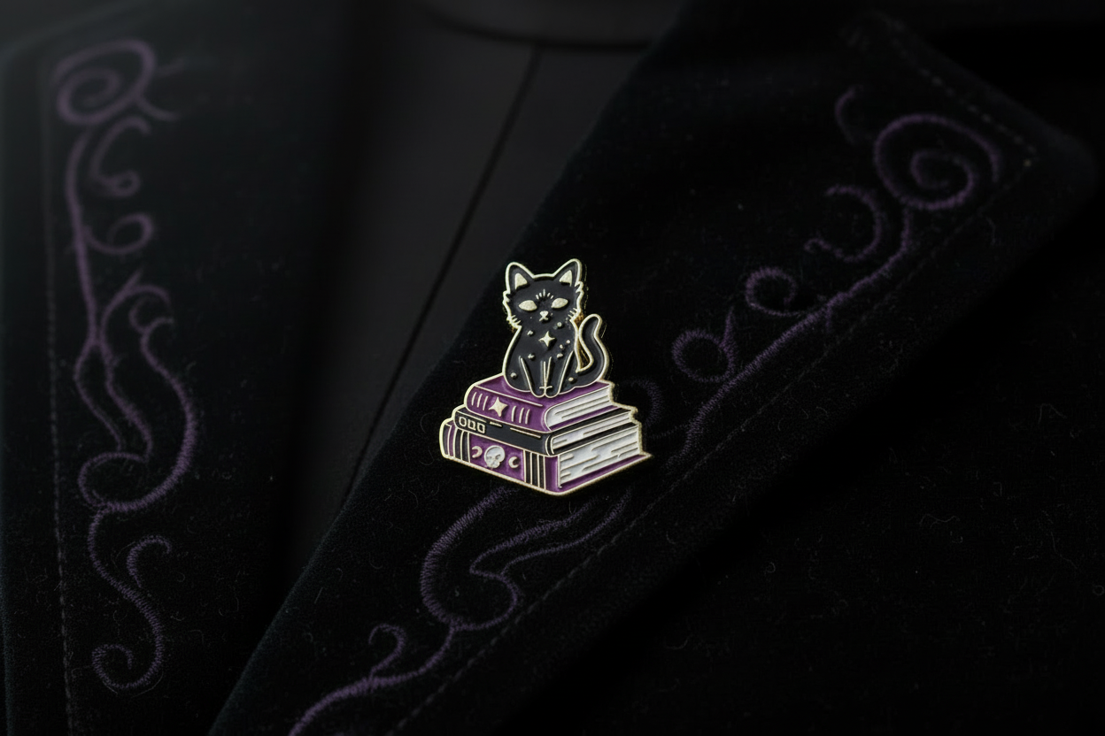 Black cat on book enamel pin worn on jacket lapel, goth pin styles for everyday wear