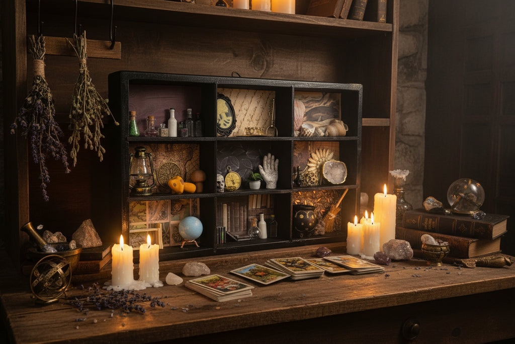 Decorative shelf with various items against a white wall
