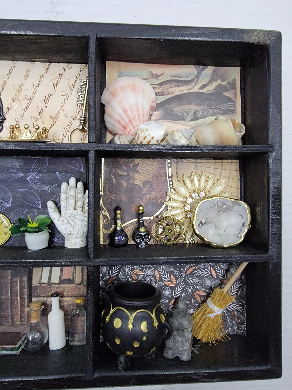 Upcycled Black Cabinet of Curiosities - Apothecary Witch Shelf - Handmade Gothic Miniature Display Decor