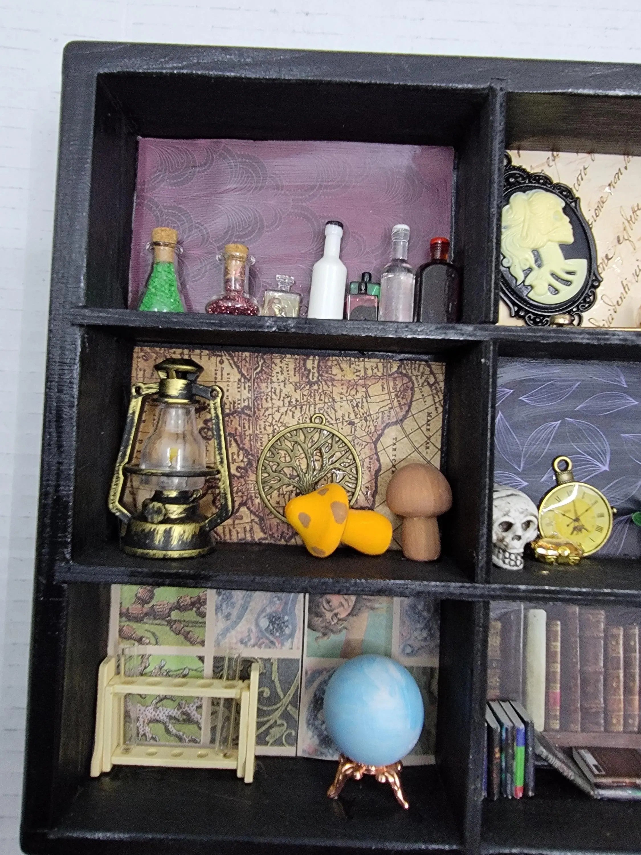 Upcycled Black Cabinet of Curiosities - Apothecary Witch Shelf - Handmade Gothic Miniature Display Decor
