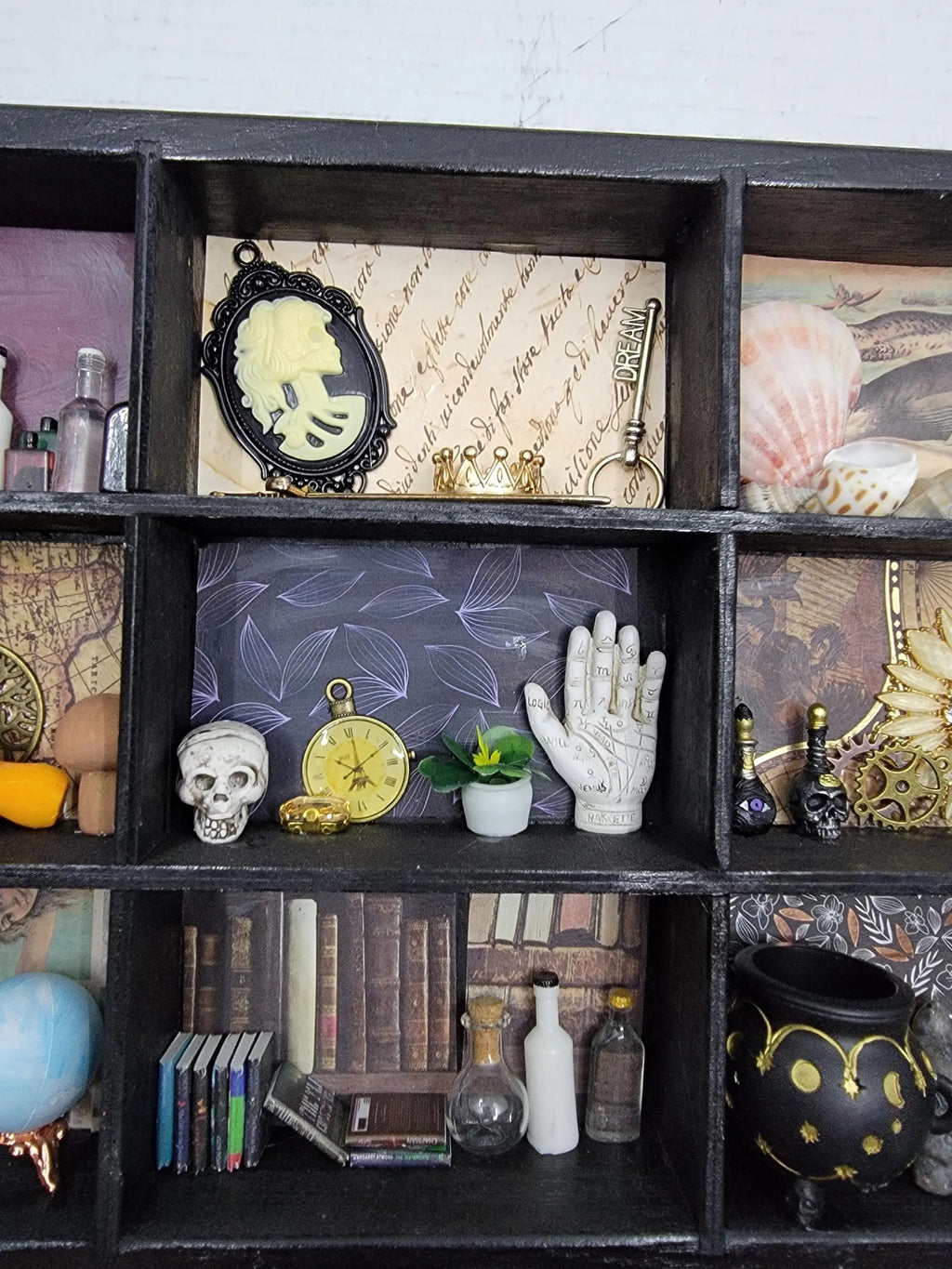 Upcycled Black Cabinet of Curiosities - Apothecary Witch Shelf - Handmade Gothic Miniature Display Decor