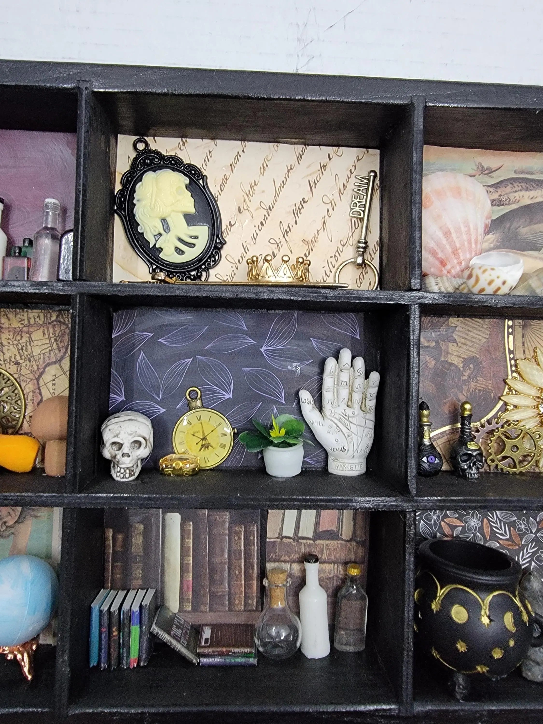 Upcycled Black Cabinet of Curiosities - Apothecary Witch Shelf - Handmade Gothic Miniature Display Decor