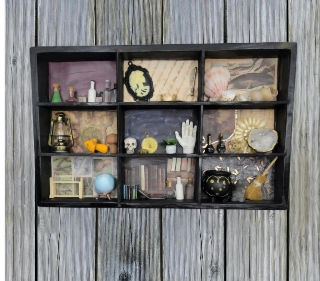Upcycled Black Cabinet of Curiosities - Apothecary Witch Shelf - Handmade Gothic Miniature Display Decor
