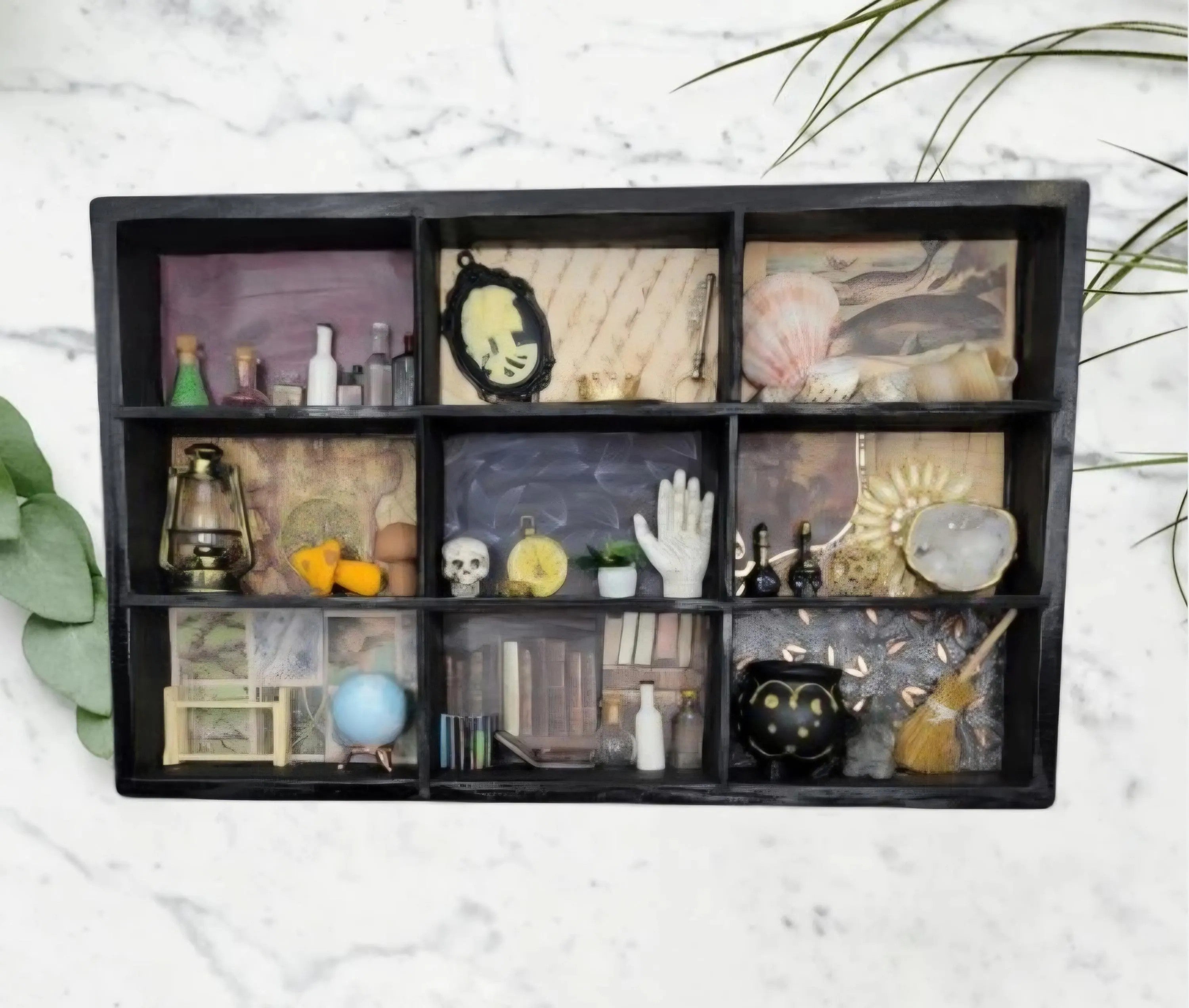 Upcycled Black Cabinet of Curiosities - Apothecary Witch Shelf - Handmade Gothic Miniature Display Decor