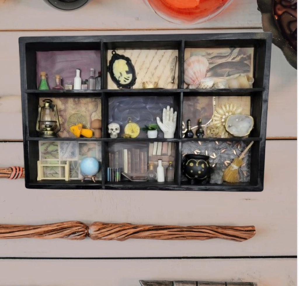 Upcycled Black Cabinet of Curiosities - Apothecary Witch Shelf - Handmade Gothic Miniature Display Decor