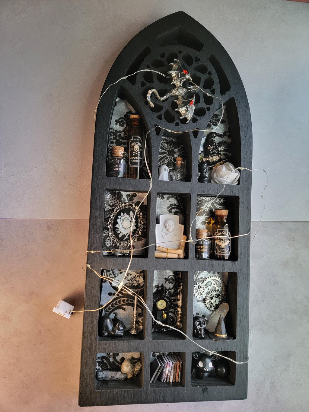 Black Arched Window Witch Shelf with LED Lights - Gothic Cabinet of Curiosities - Miniature Wall Decor