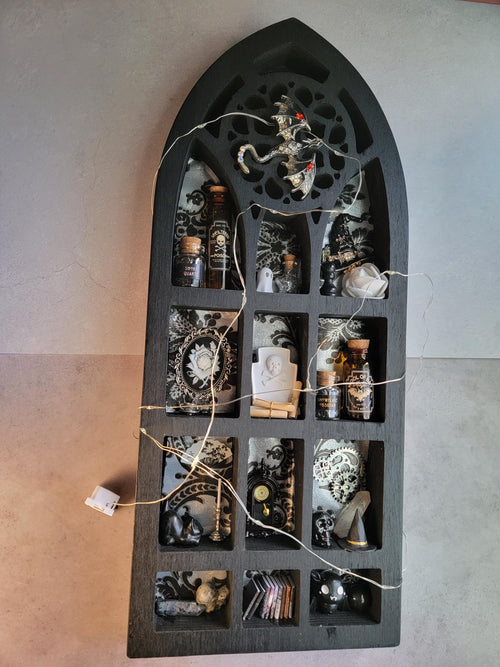Black Arched Window Witch Shelf with LED Lights - Gothic Cabinet of Curiosities - Miniature Wall Decor