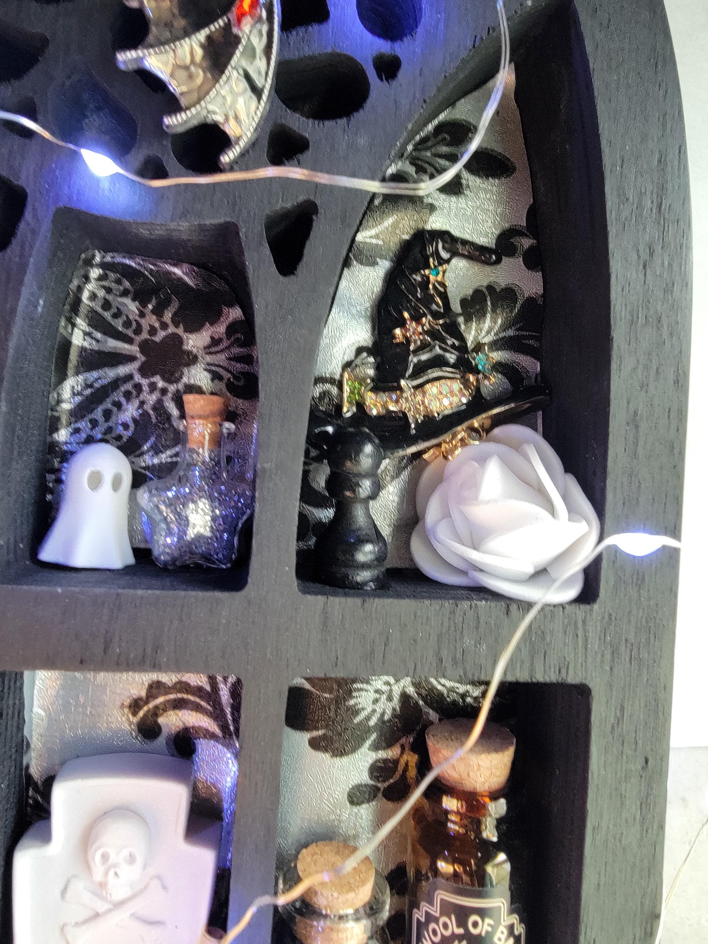 Black Arched Window Witch Shelf with LED Lights - Gothic Cabinet of Curiosities - Miniature Wall Decor
