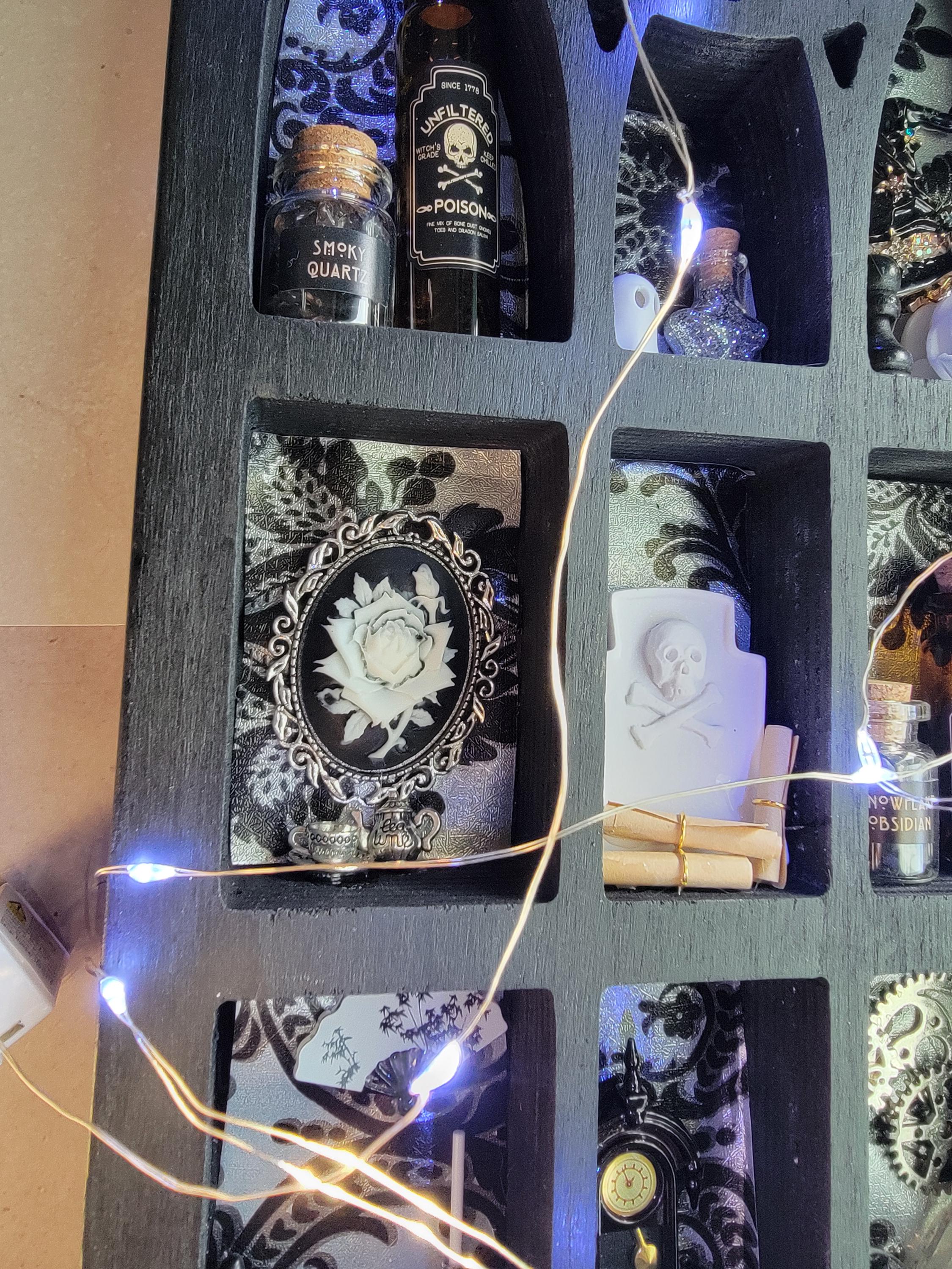 Black Arched Window Witch Shelf with LED Lights - Gothic Cabinet of Curiosities - Miniature Wall Decor