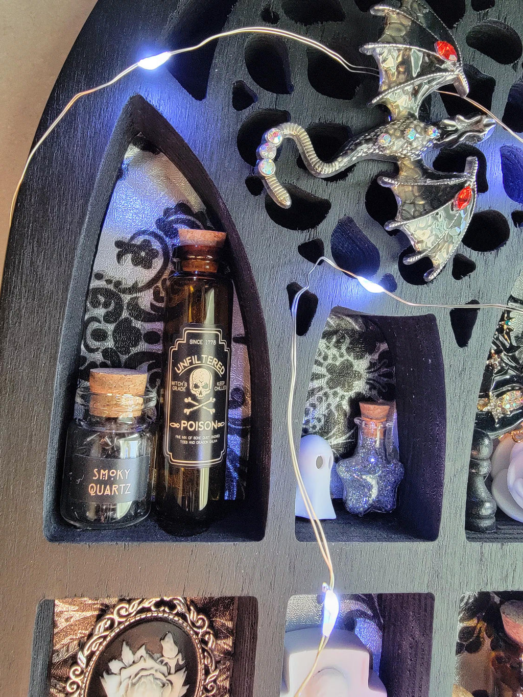 Black Arched Window Witch Shelf with LED Lights - Gothic Cabinet of Curiosities - Miniature Wall Decor