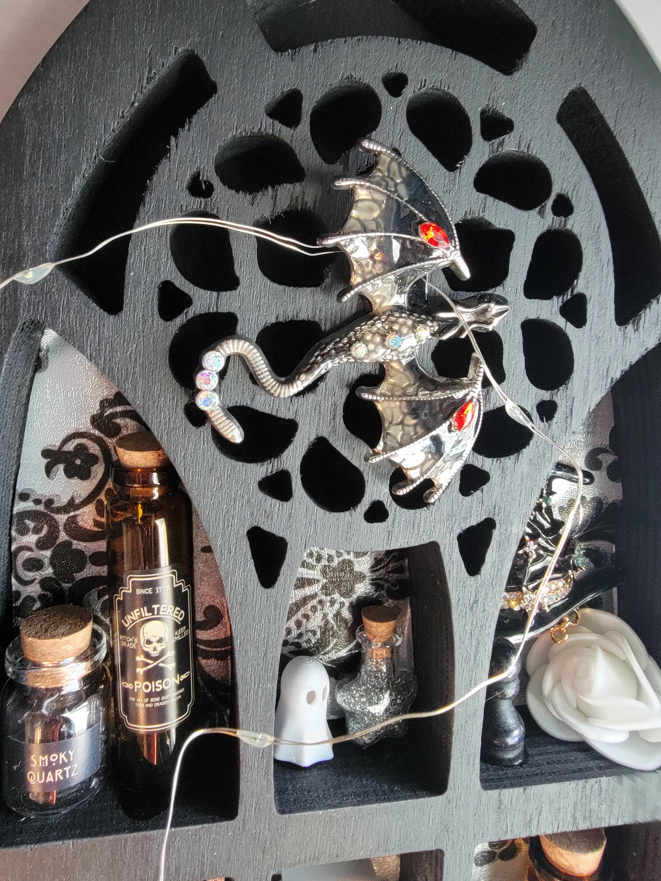 Black Arched Window Witch Shelf with LED Lights - Gothic Cabinet of Curiosities - Miniature Wall Decor