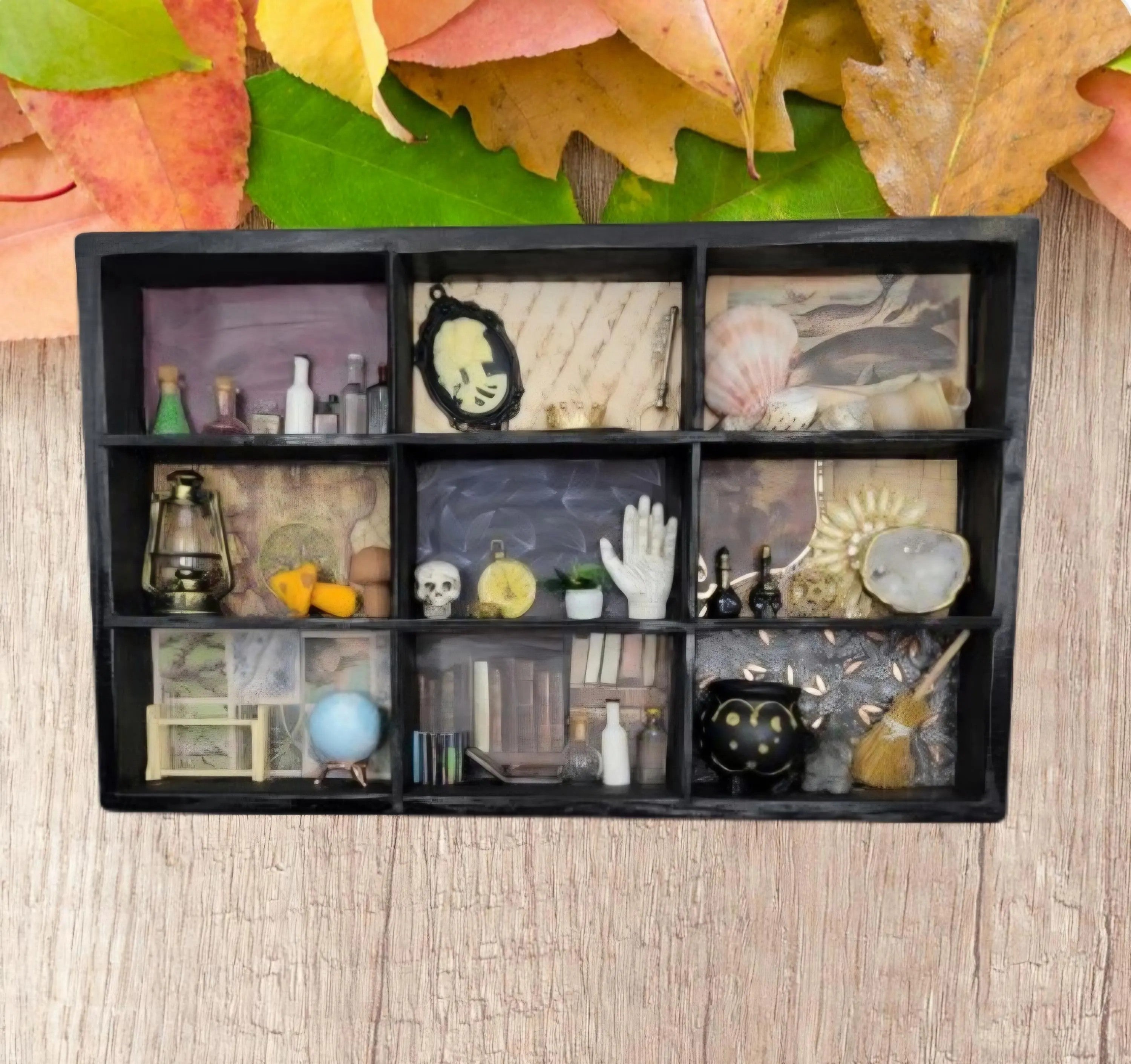 Upcycled Black Cabinet of Curiosities - Apothecary Witch Shelf - Handmade Gothic Miniature Display Decor