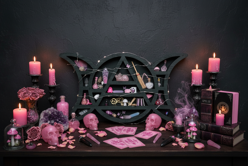 Pink Witch Miniature Black Triple Moon Wooden Witch Shelf with Crystals & Fairy Lights