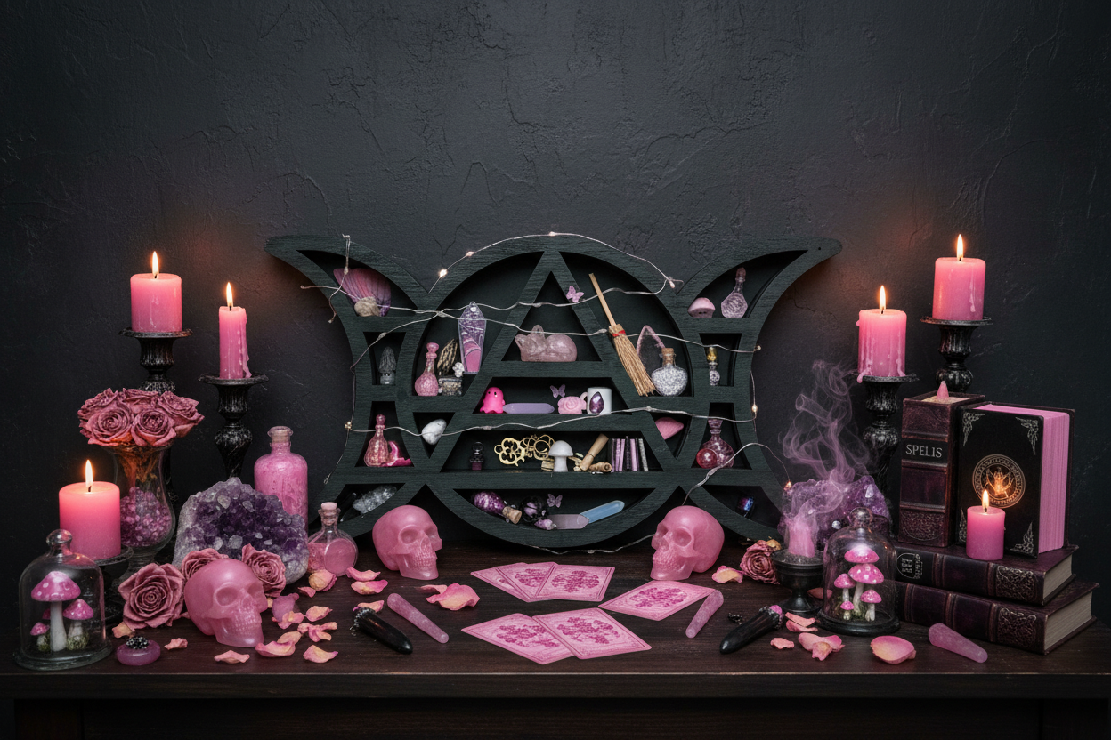 Pink Witch Miniature Black Triple Moon Wooden Witch Shelf with Crystals & Fairy Lights