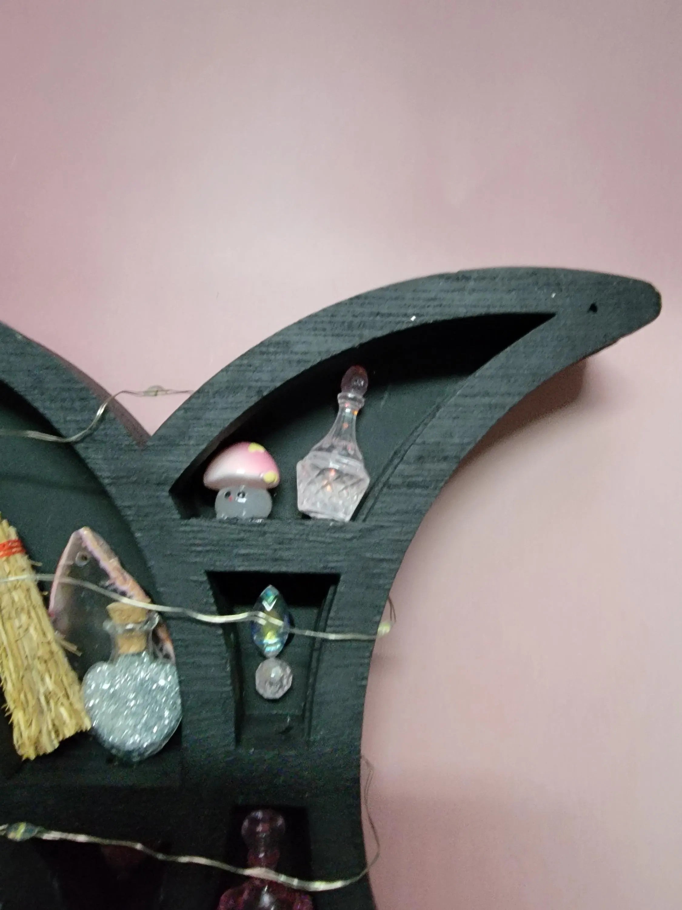 Pink Witch Miniature Black Triple Moon Wooden Witch Shelf with Crystals & Fairy Lights